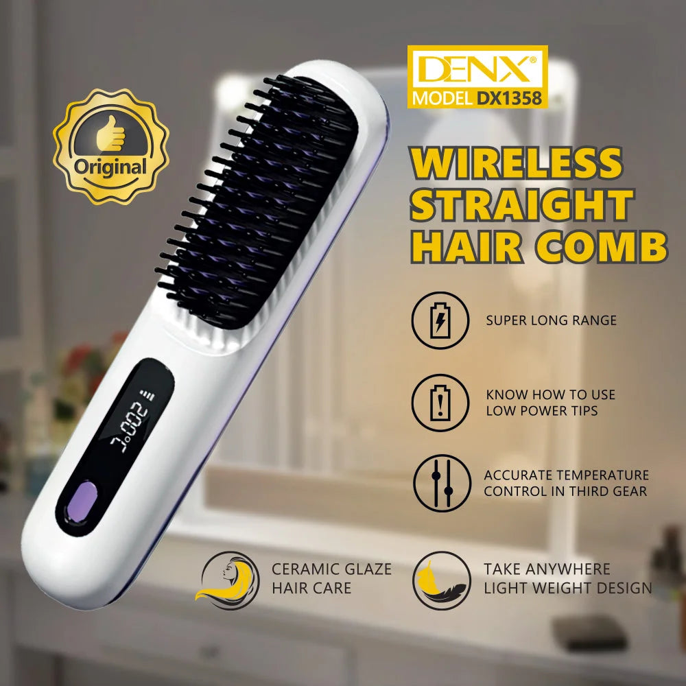 Portable wireless hair straightening comb with LCD temperature display