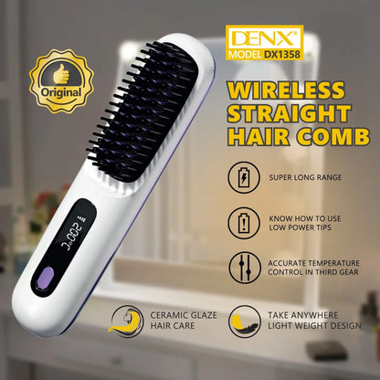 Portable wireless hair straightening comb with LCD temperature display